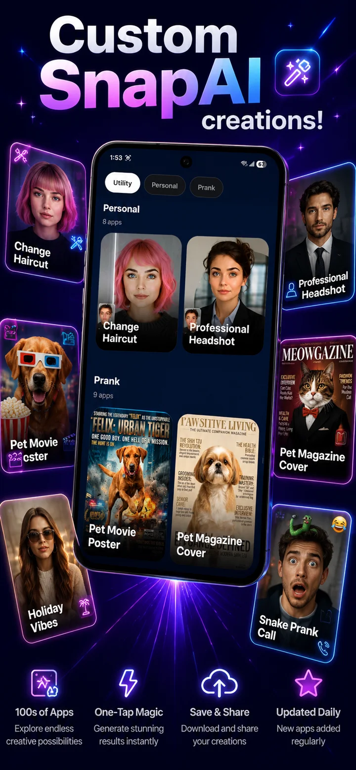 SnapAI apps tab showing creative app options