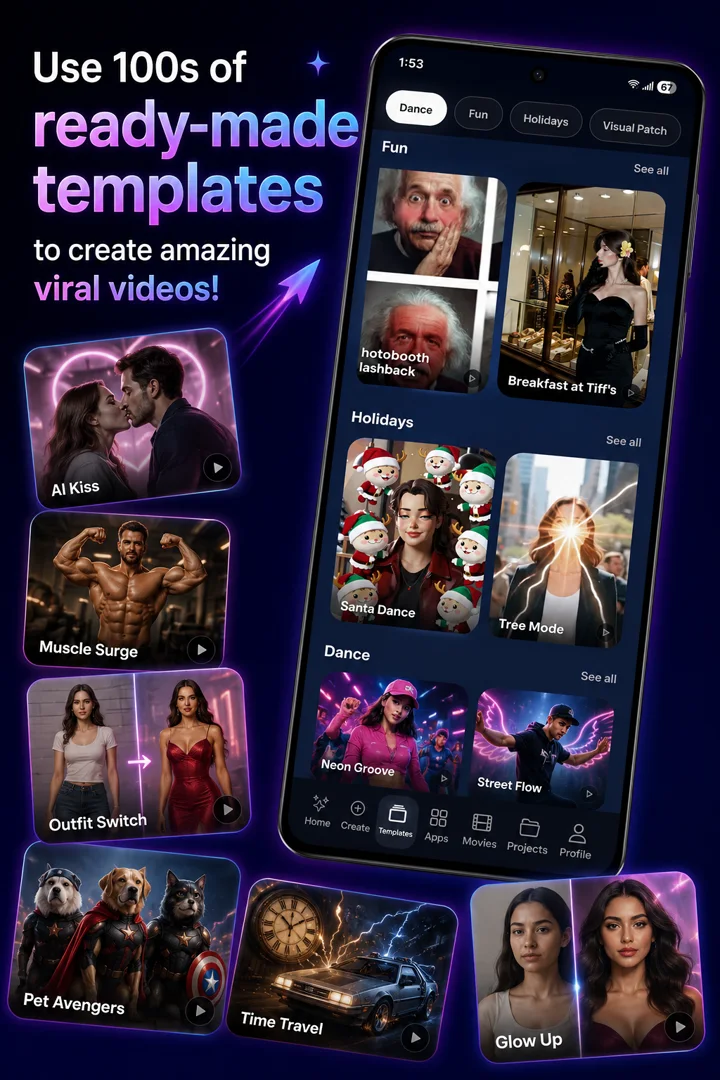 SnapAI templates tab with viral video templates